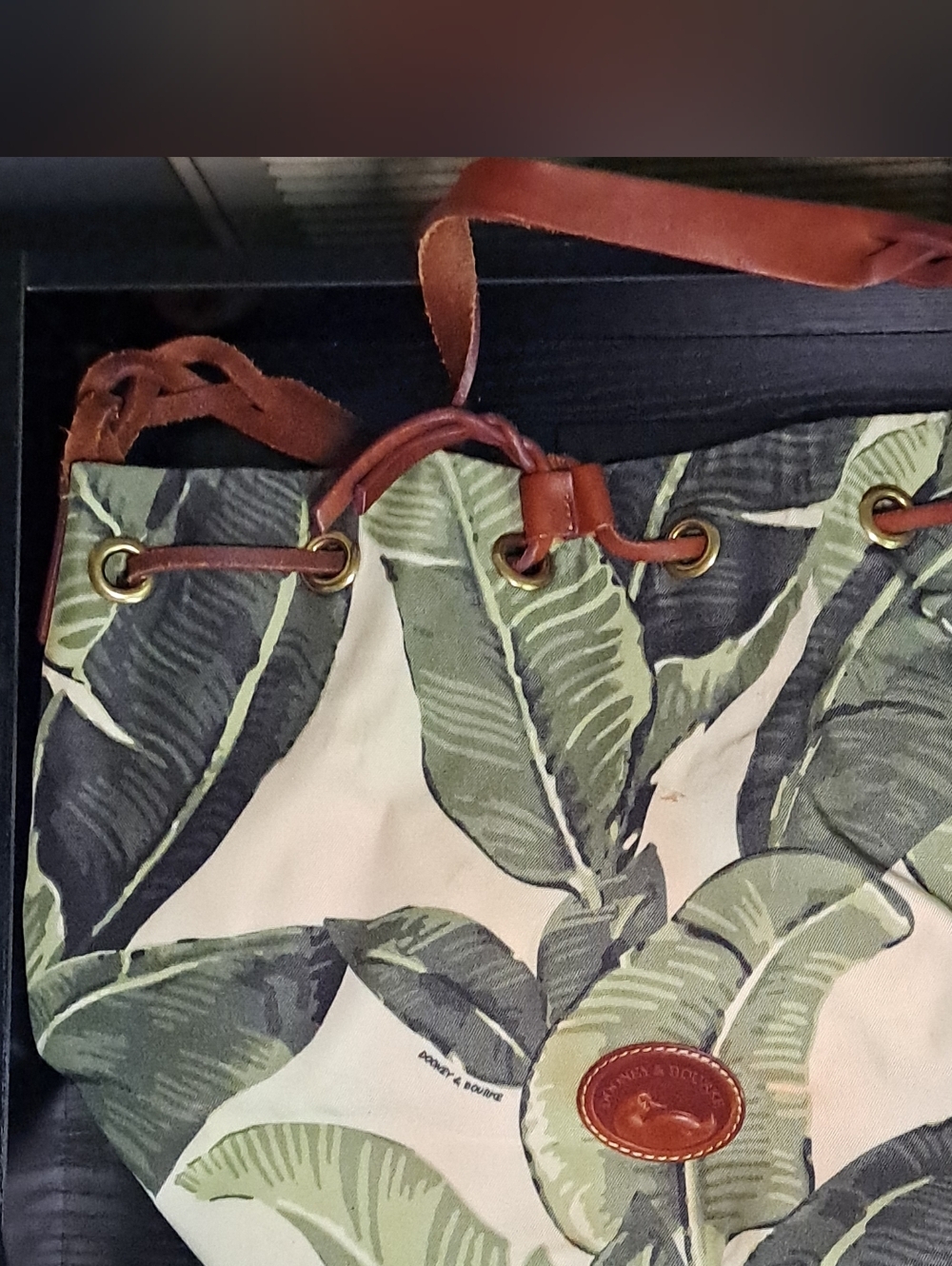 Dooney & Bourke Green Leaf Print Satchel with Brown Trim and Gold Hardware
